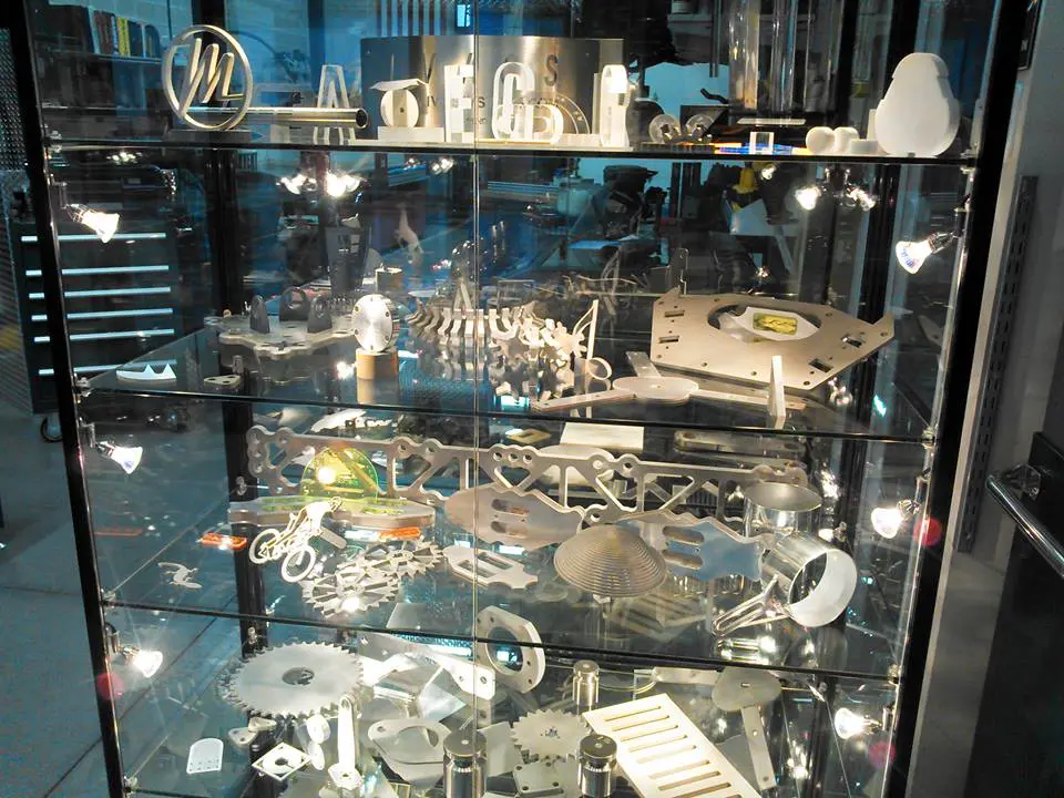 A display case with many different items on it.